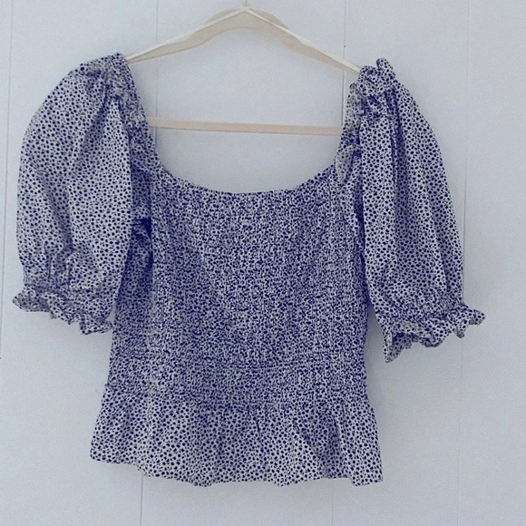 Topshop Floral Smocked Puff Sleeve Cotton Top Womens 12 - Picture 6 of 6